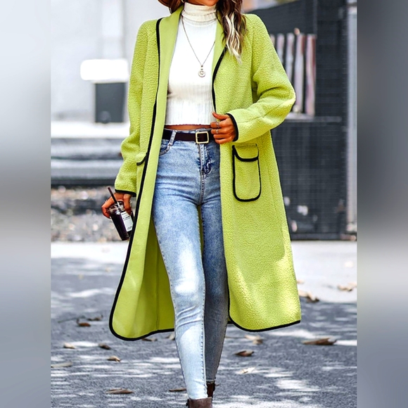 Jackets & Blazers - Full Size Contrast Trim Long Sleeve Coat with Pockets